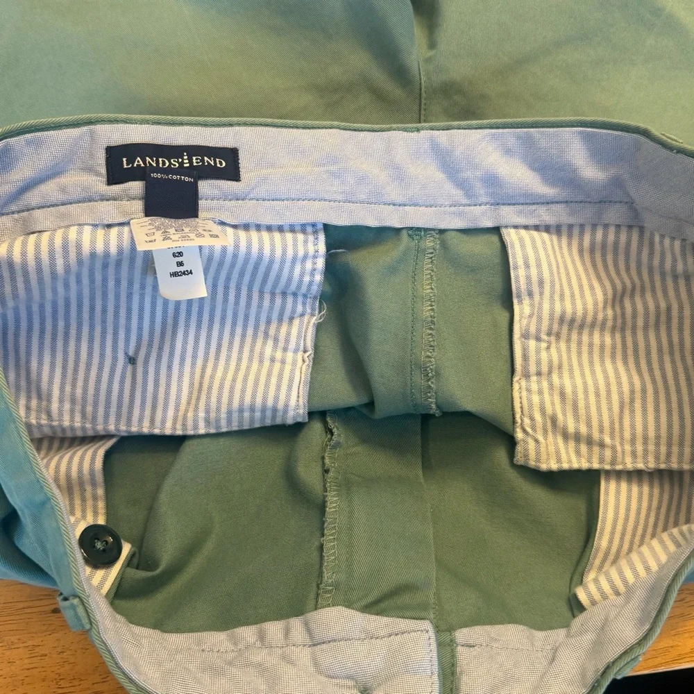 Lands' End 35” waist Green Cotton Shorts chinos khakis pleated front colored